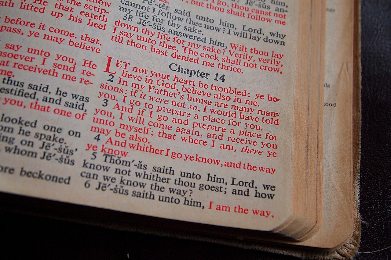 An open Bible, the words of Jesus printed in red