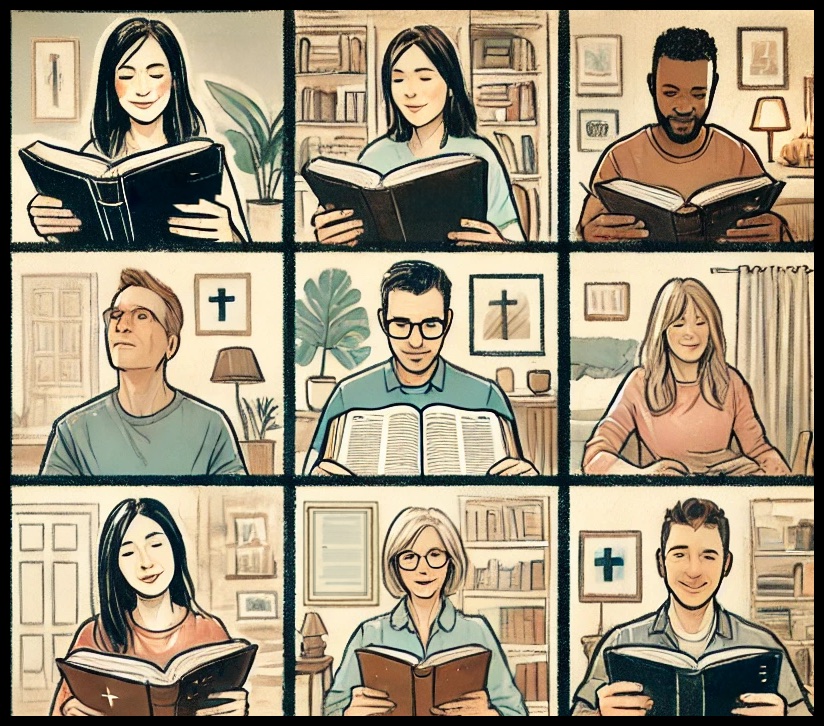 Illustration of nine people reading the Bible together